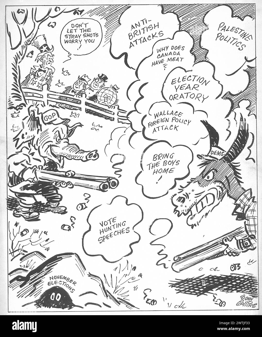 Cartoon - i cacciatori portano nel bosco. John Collins (1917-2007) Foto Stock