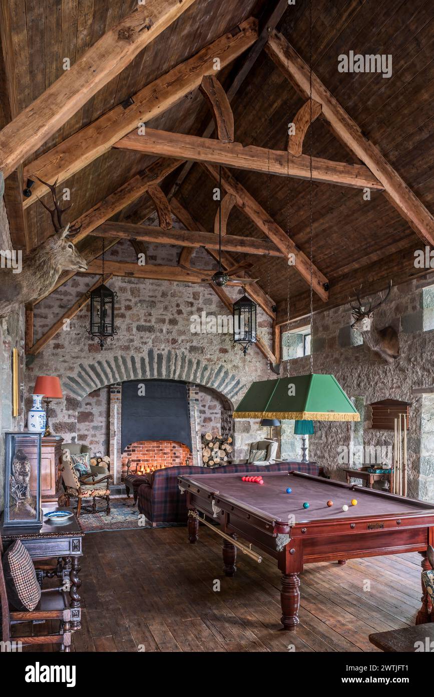 Tavolo da biliardo sotto l'alto soffitto in legno in un hotel di lusso ad Ardfin, sull'Isola di Giura, Ebridi interne, Scozia, Regno Unito Foto Stock