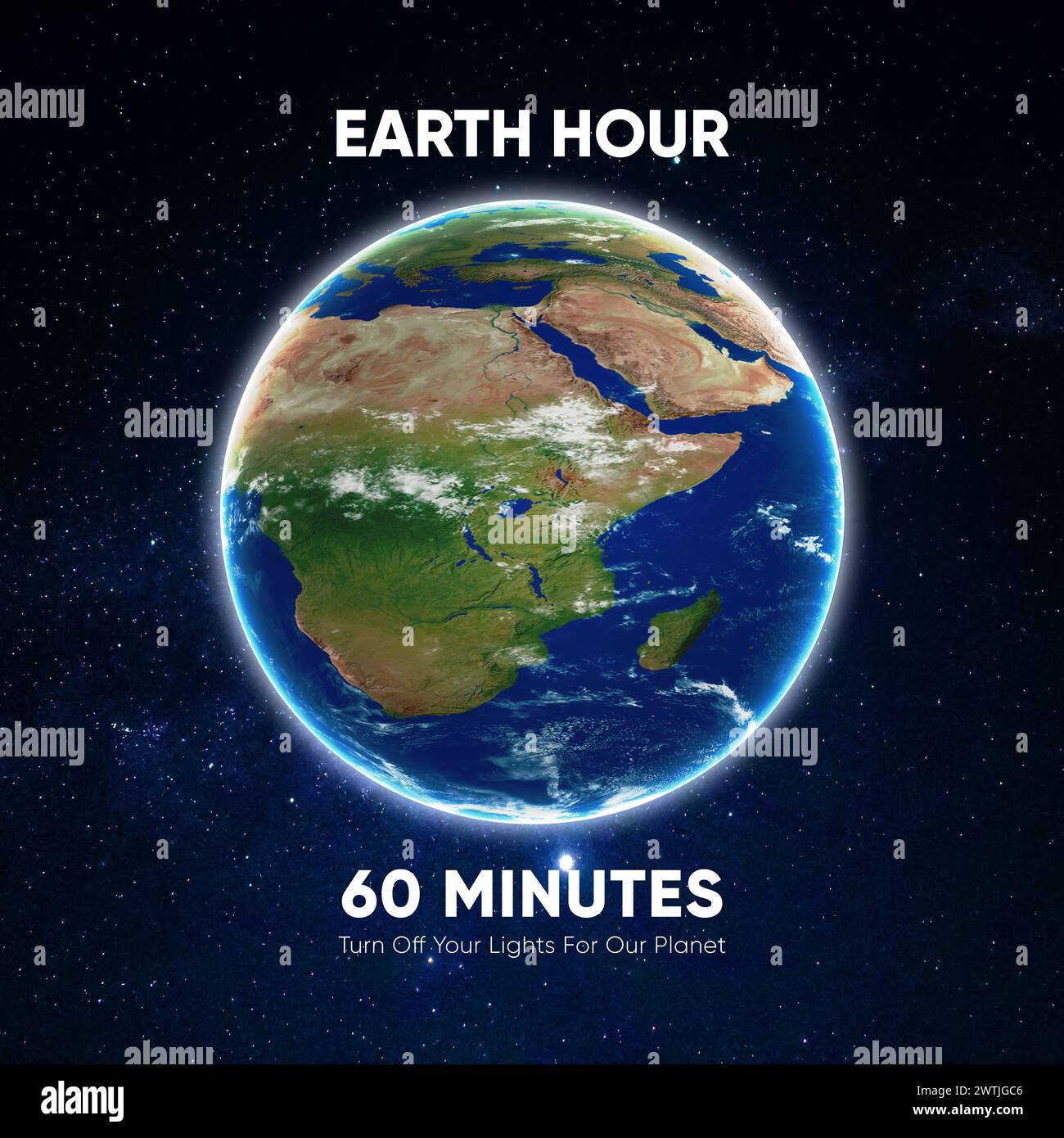 Poster della campagna Earth Hour. Pianeta Terra nello spazio oscuro. Orbita e superficie. Il cambiamento climatico e salvare la Terra. Foto Stock