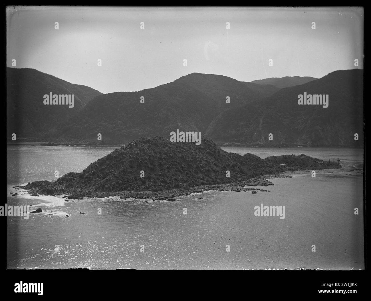 Hiko's Island e la costa sud-orientale di Kapiti dalla cima delle isole di Rauparaha negativi in bianco e nero, negativi a base di gelatina Foto Stock