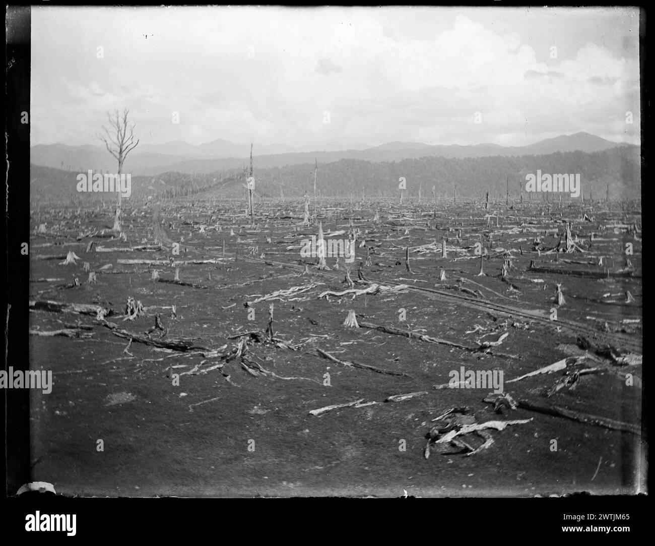 Superficie del ventilatore del fiume Ohau che guarda verso il suo apice da 3 miglia lungo il suo pendio, Tararuas in gelatina di fondo negativi piatti secchi, negativi in bianco e nero Foto Stock