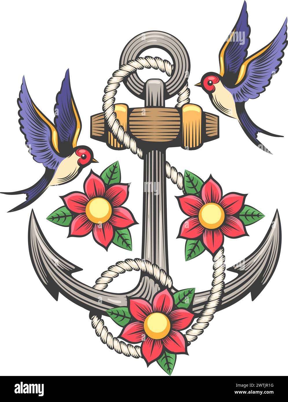 Colorato tatuaggio nautico retrò Illustrazione Vettoriale Colorato tatuaggio nautico retrò Illustrazione Vettoriale