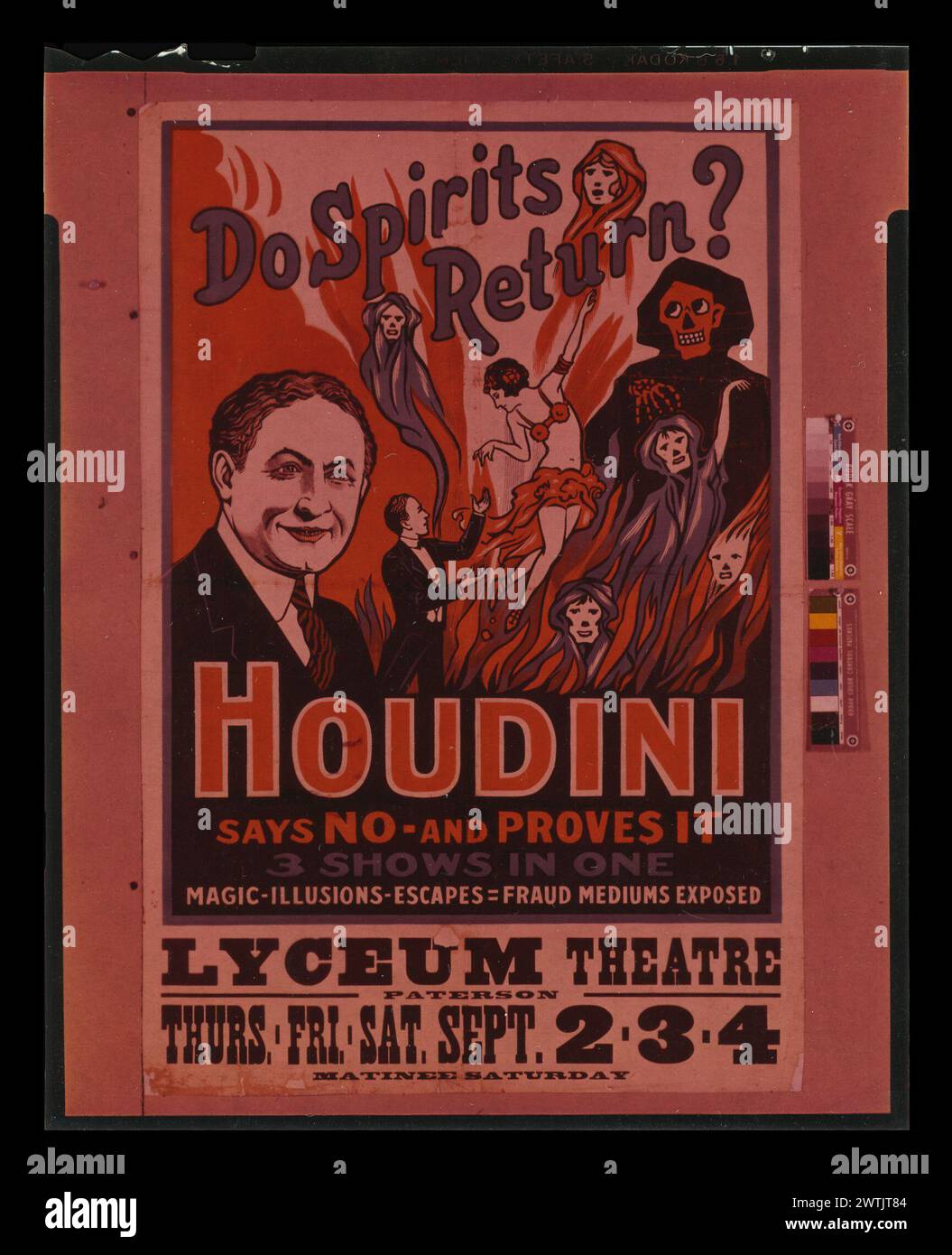 Trasparenza colore - poster pubblicitario per lo spettacolo di magia di Harry Houdini "Do Spirits Return?" Al Lyceum Theatre (Paterson, New Jersey), dopo il 1909 Foto Stock