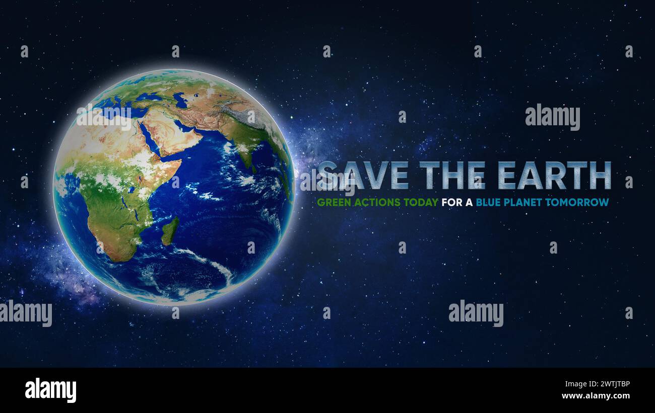 Pubblicità banner campagna Save the Earth. Pianeta Terra nello spazio. Spegnete le luci. Il cambiamento climatico e salvare la Terra. Foto Stock
