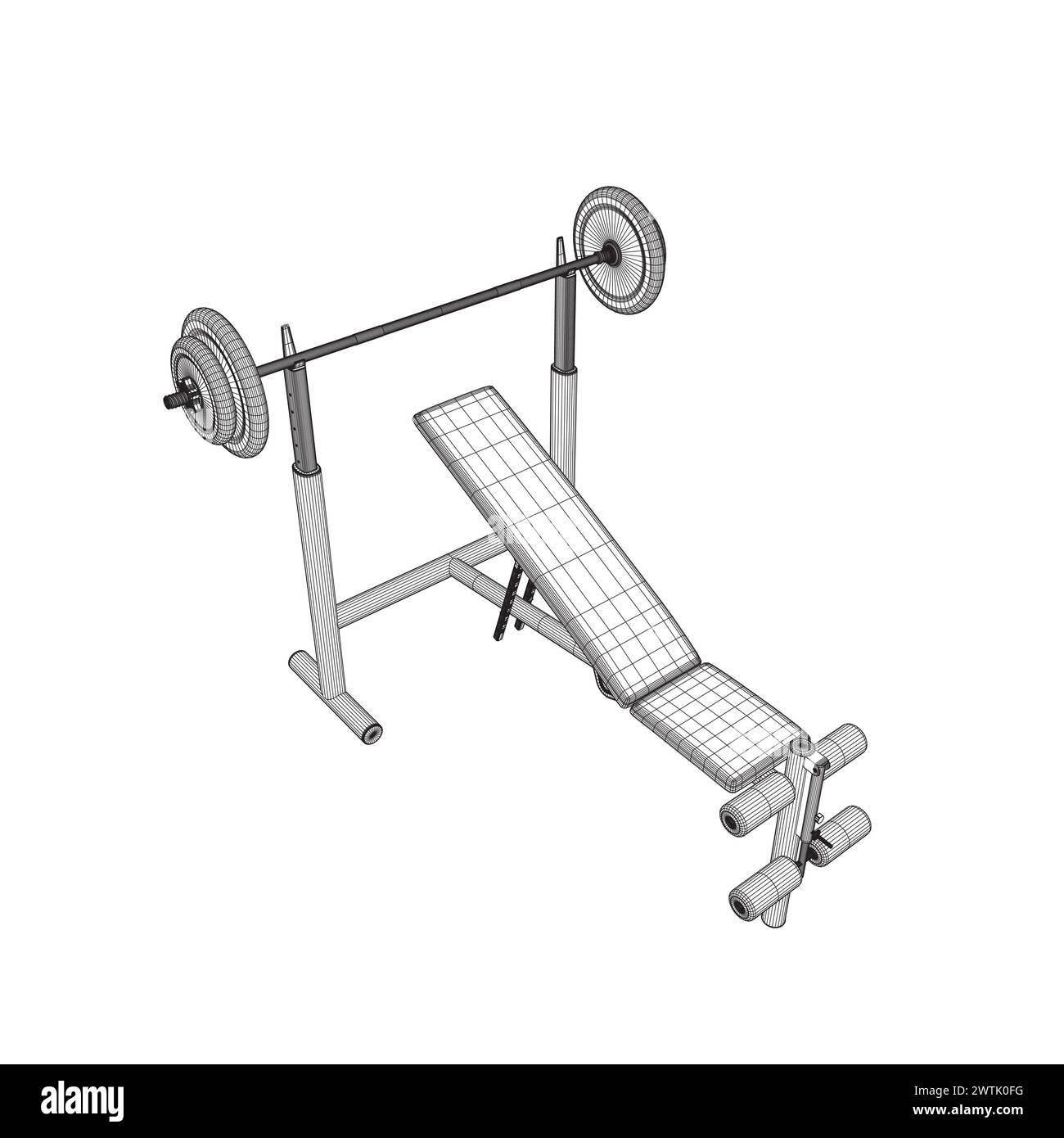 Struttura a reticolo con panca da palestra e barbell su stativo bianco isolato su sfondo bianco. Illustrazione vettoriale. Vettore line art di Barbell Bench Press. Isometrico Illustrazione Vettoriale