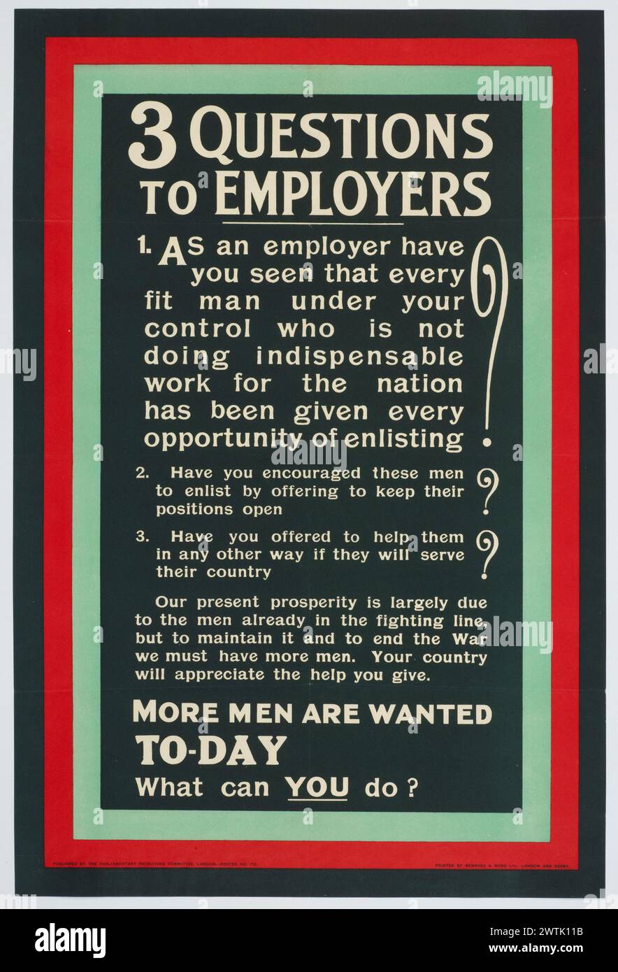 Poster, "3 domande ai datori di lavoro" poster politici Foto Stock