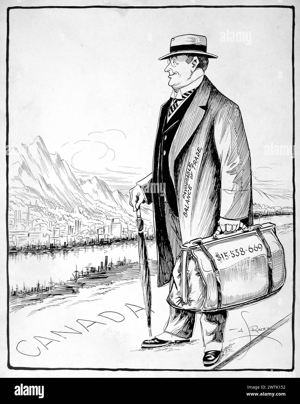 Cartone animato - rimpatrio, un emigrante canadese diventa immigrato e arriva a casa Arthur George Racey (1870-1941) Foto Stock