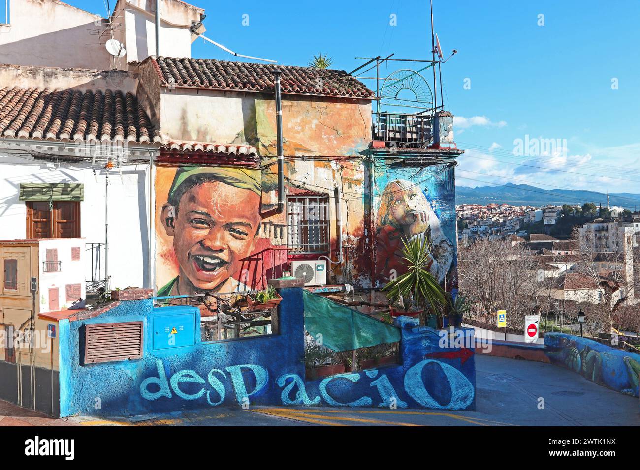 Grandi e vivaci murales decorano case e pareti nel quartiere Realejo-San Matias, rivelando un lato contemporaneo di Granada, Spagna Foto Stock