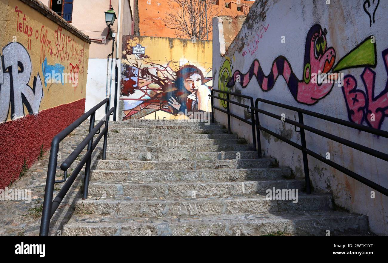 Vivaci murales di strada decorano una rampa di scale nel quartiere di Realejo Granada, Spagna, rivelando un lato contemporaneo di questa città storica Foto Stock