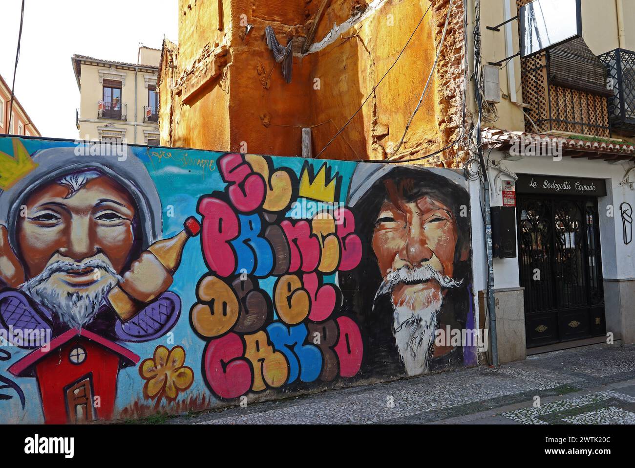 Un vivace murale di strada decora un muro nel quartiere bohémien di Realejo Granada Spagna, rivelando un lato contemporaneo di questa città storica Foto Stock