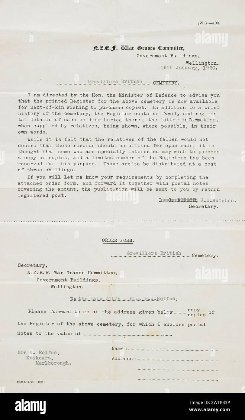 Lettera del Comitato per i Graves della N.Z.E.F. War, 1920. lettere Foto Stock