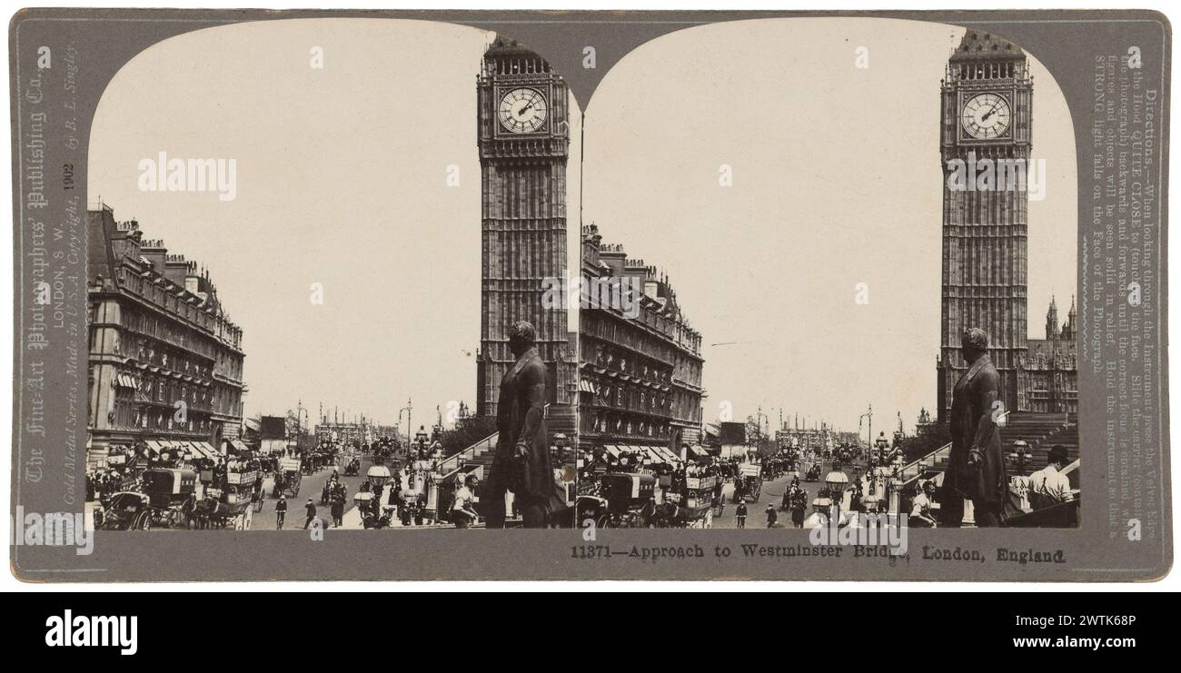 Avvicinati a Westminster Bridge, Londra, Inghilterra, fotografie stereoscopiche, stampe di albume, stampe in bianco e nero Foto Stock