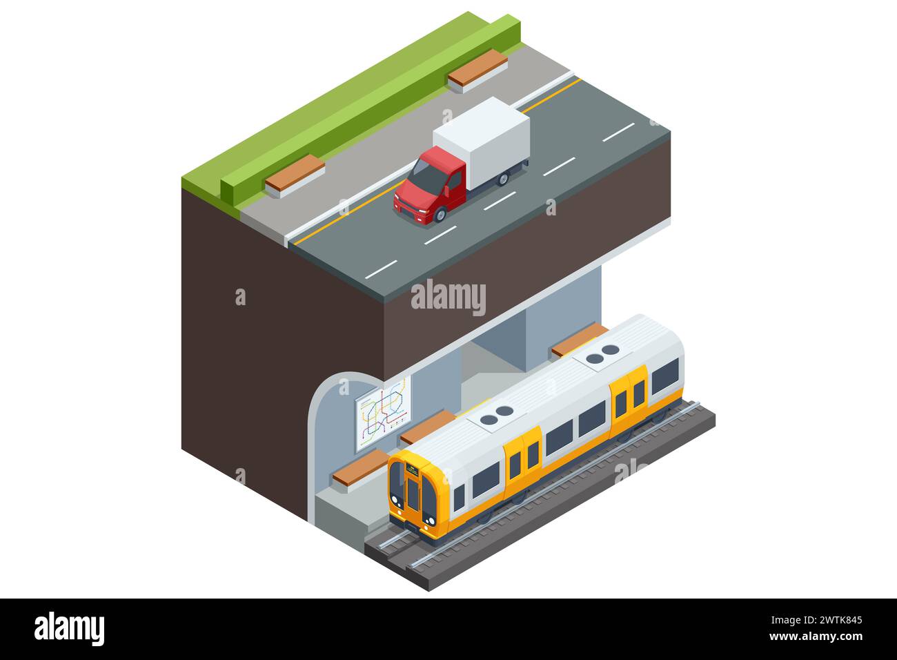 Passeggeri a Subway. Passeggeri in trasferta. Stazione della metropolitana. Veicoli progettati per trasportare un gran numero di passeggeri. Illustrazione Vettoriale