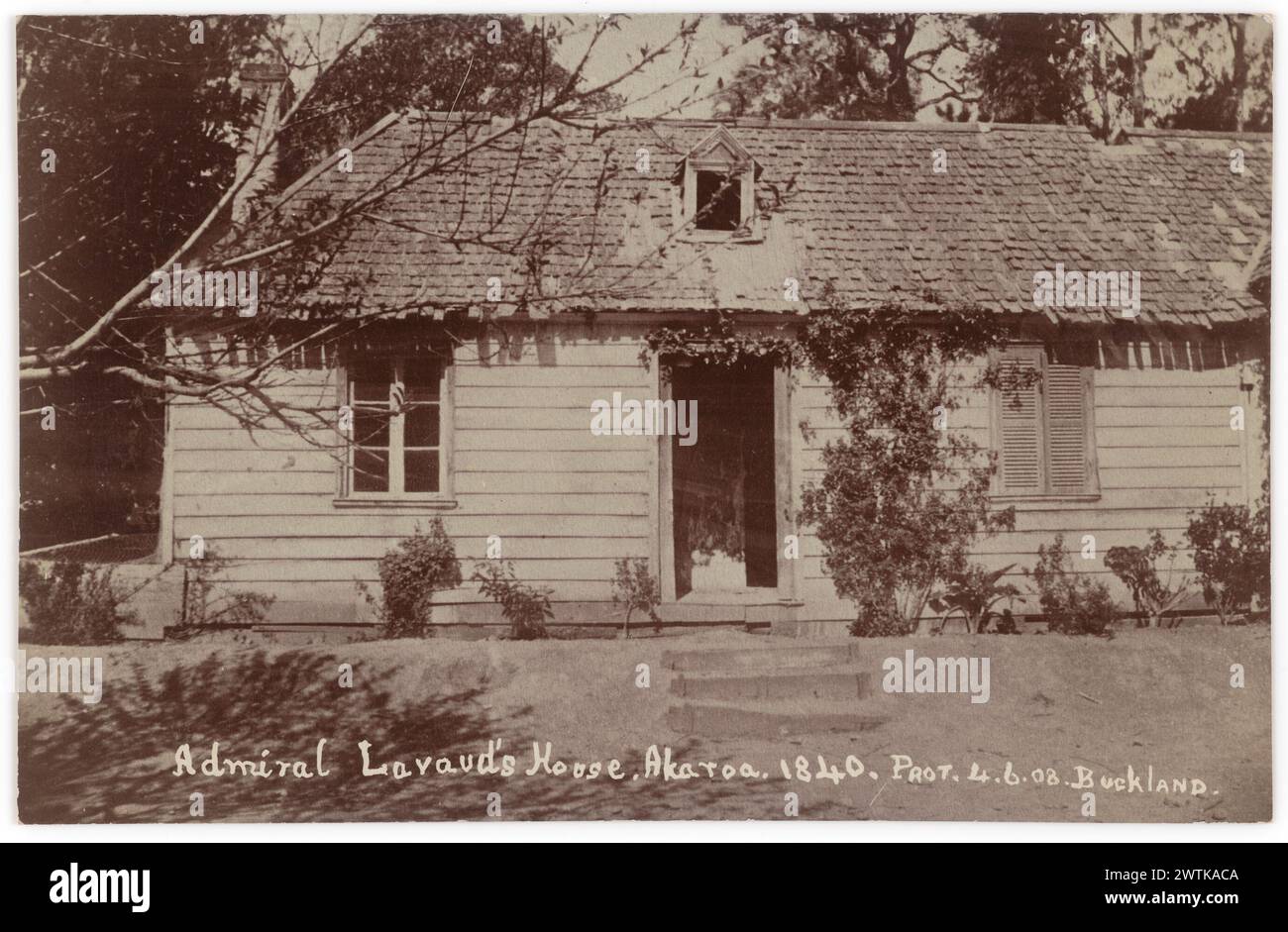 Casa dell'ammiraglio Lavaud, Akaroa, 1840 cartoline fotografiche, stampe in argento gelatina Foto Stock