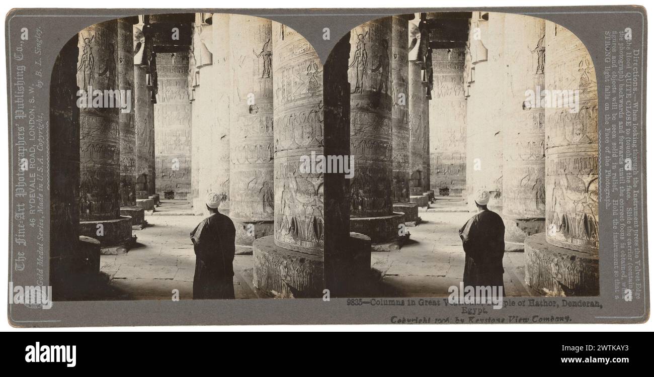 Colonne nel grande vestibolo, Tempio di Hathor, Denderah, stampe di albume egiziane, stampe in bianco e nero, fotografie stereoscopiche Foto Stock