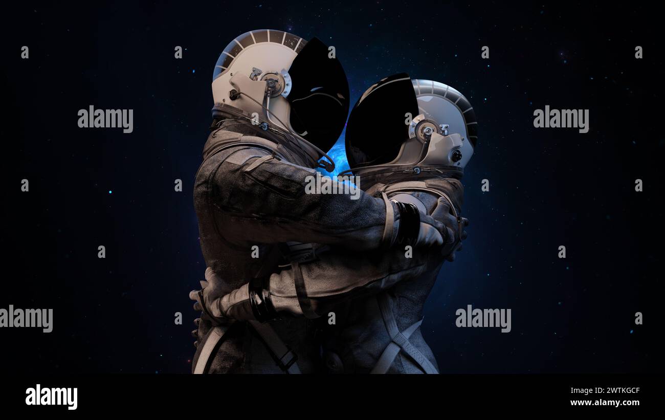 Due astronauti si uniscono in tute spaziali che abbracciano uno sfondo di stelle lontane e la distesa cosmica. Amore enorme, uomo e donna. rendering 3d. Foto Stock