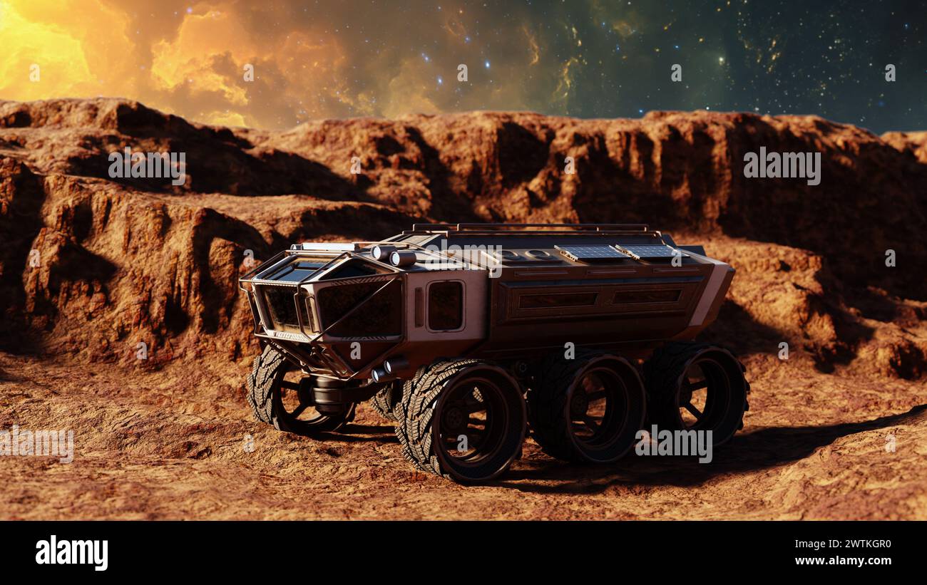il rover robotico attraversa una superficie rocciosa simile a Marte sotto un cielo serale spettacolare. rendering 3d. Foto Stock