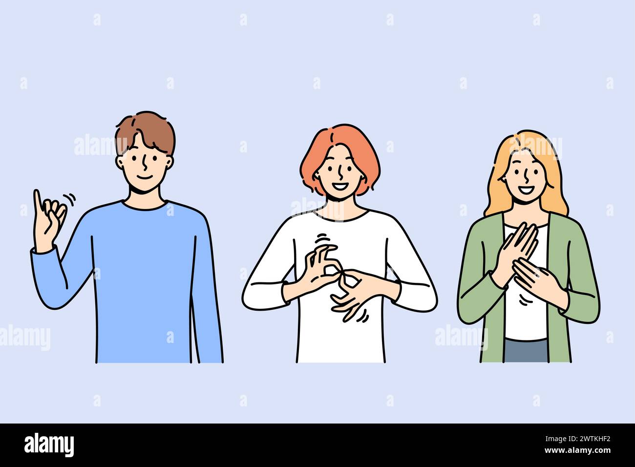 Le persone sorde e muti usano il linguaggio dei segni per comunicare facendo gesti diversi. Guy e due ragazze stanno imparando il linguaggio dei segni per essere in grado di comunicare con esseri umani con disabilità Illustrazione Vettoriale