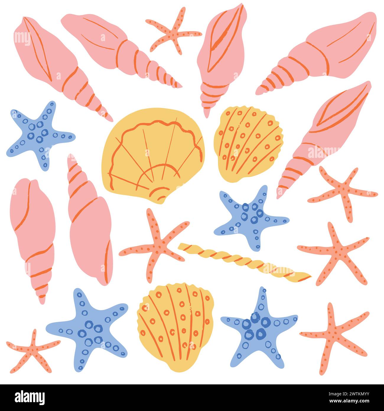 Molluschi di mare, conchiglie di mare e stelle marine. Un insieme di abitanti del mondo sottomarino per la stanza dei bambini. Raccolta di illustrazioni vettoriali Illustrazione Vettoriale