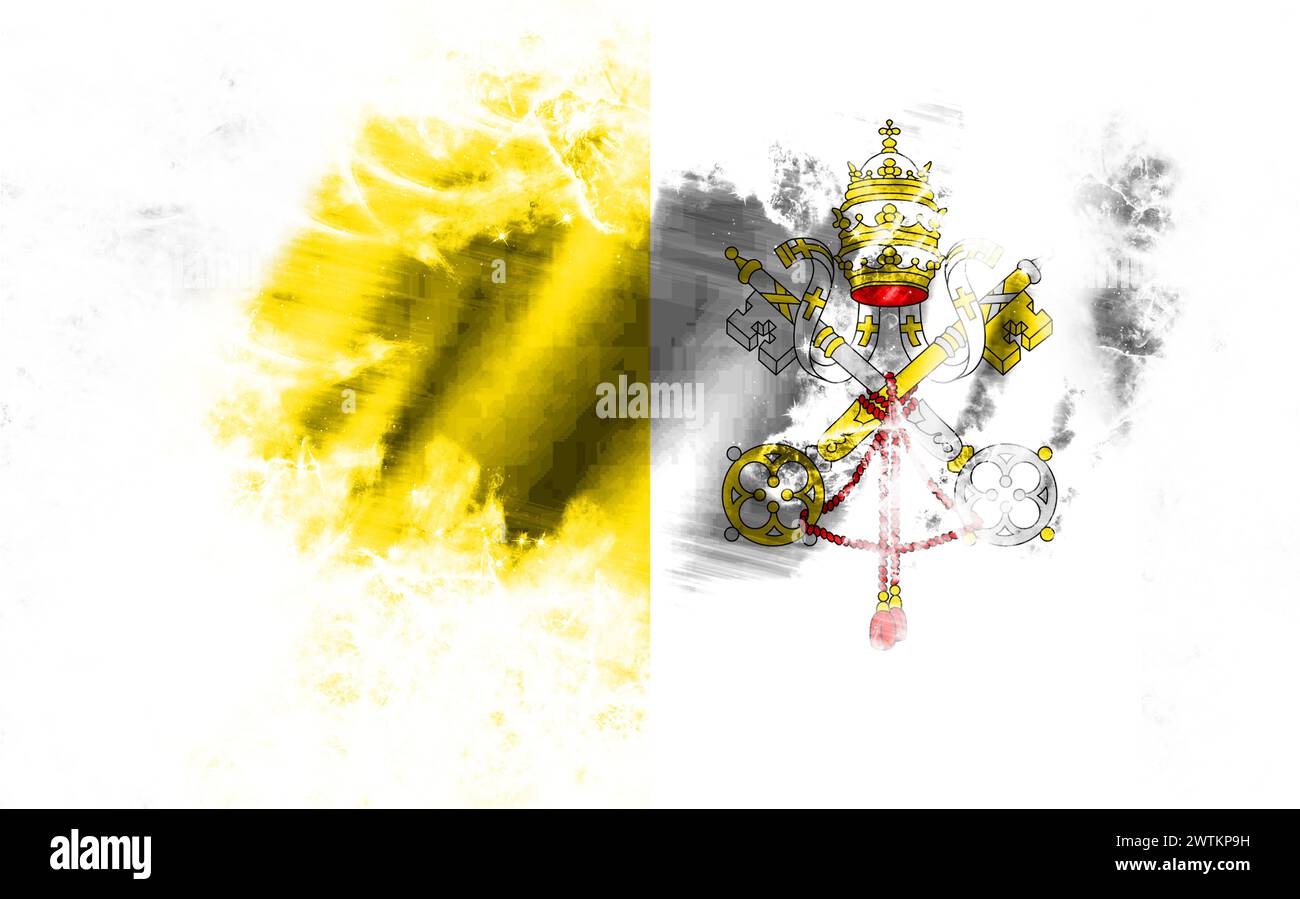 Sfondo bianco con bandiera Vaticana strappata Foto Stock