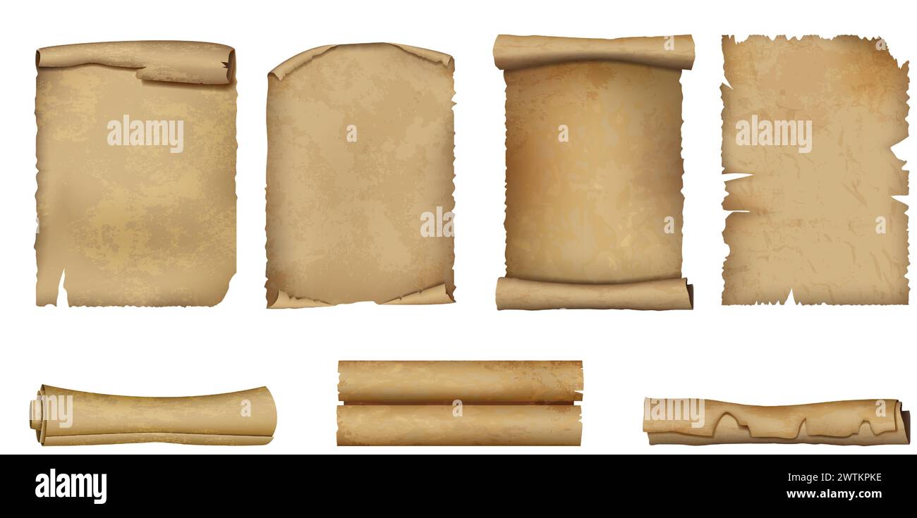 Vecchia pergamena. Scorrimento carta. Antico papiro. Pagina strappata di un libro o di una lettera d'epoca. Consistenza arrotolata. Manoscritto medievale. Contratto storico. Documento da favola. Set di fogli arricciati antichi vettoriali Illustrazione Vettoriale