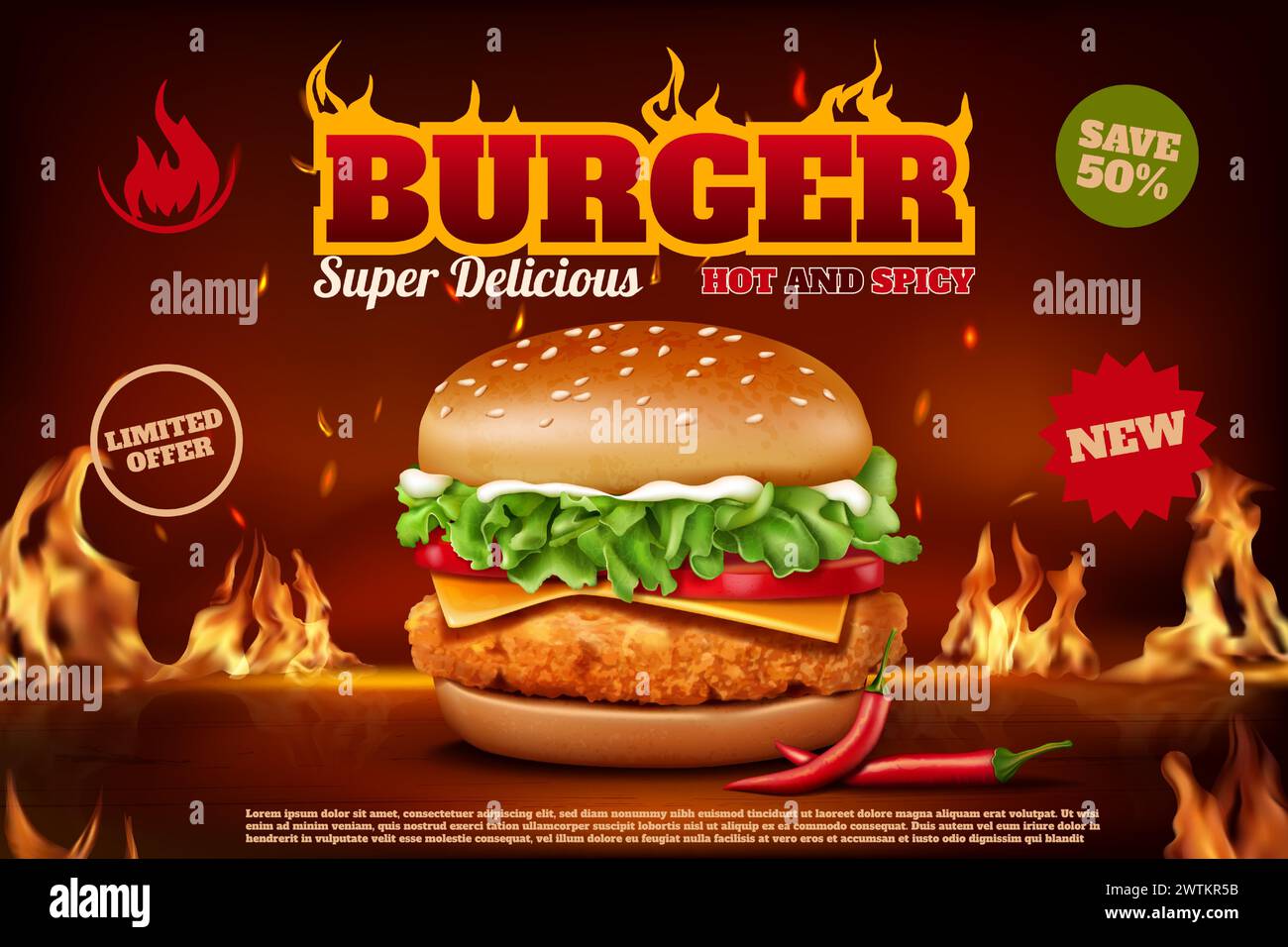 Banner hamburger. Fast food speziato al fuoco, pollo bruciato a fuoco caldo con formaggio croccante, grandi hamburger rossi. Presentazione di un caffè o di un ristorante. Poster da asporto fastfood. Modello realistico vettoriale Illustrazione Vettoriale