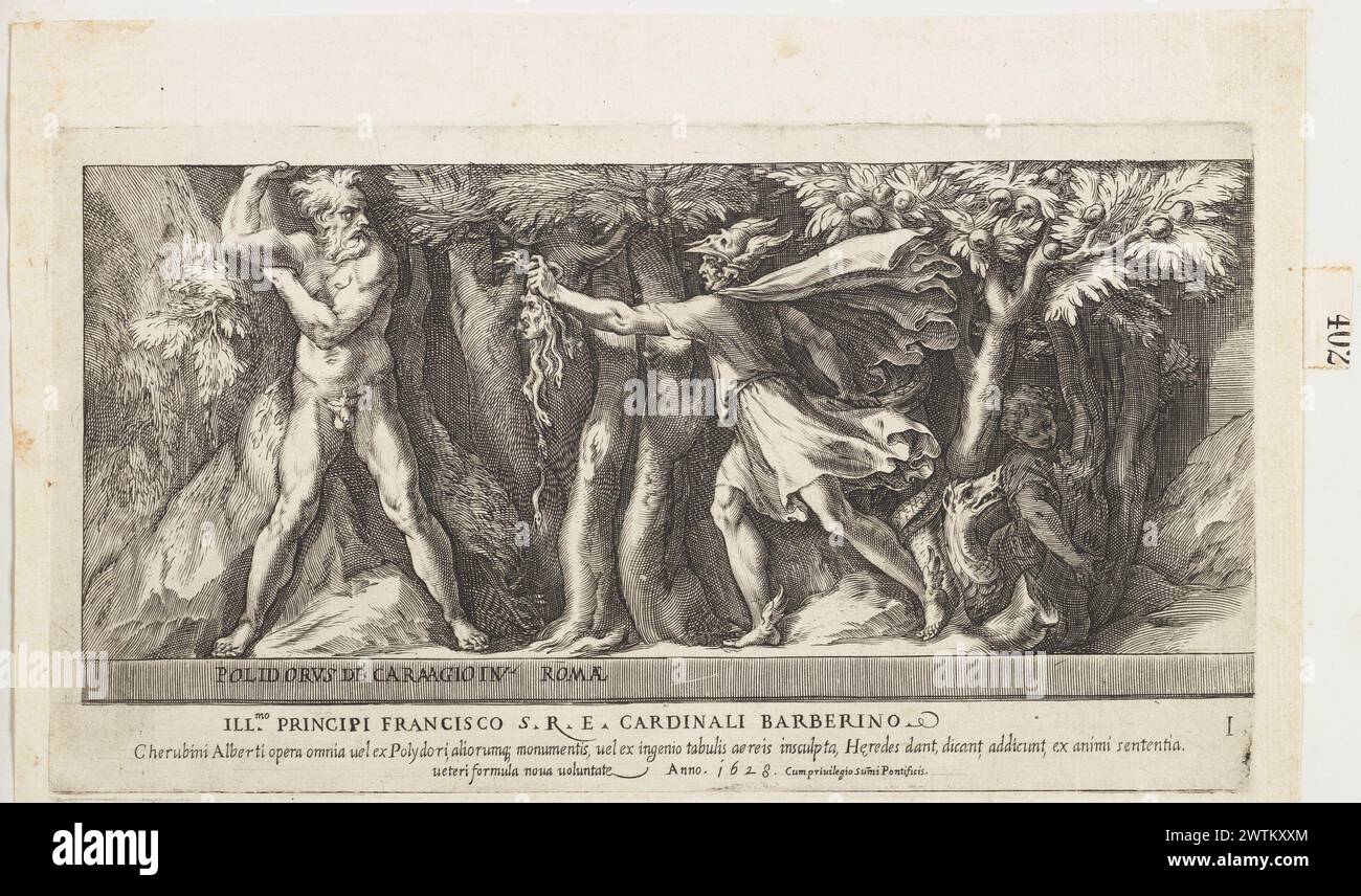 Perseo trasformando l'Atlante in una montagna con la testa di Medusa lavora su carta, incisioni Foto Stock