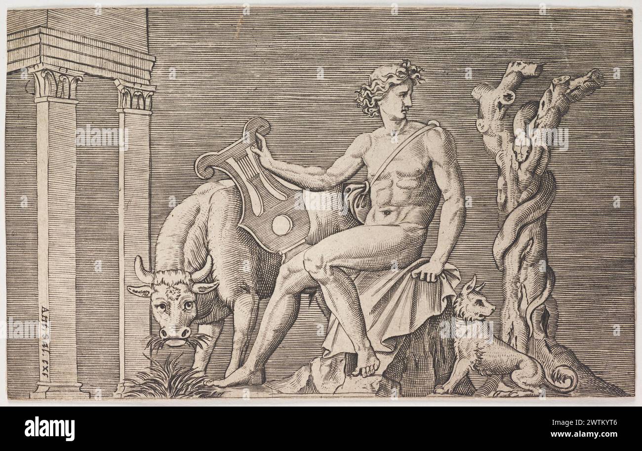 Apollo che cura i greggi di Admetus lavora su carta, incisioni Foto Stock