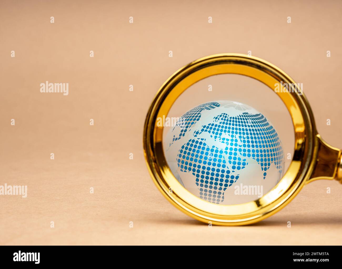 Tendenze globali, approfondimenti sui clienti in tutto il mondo, target e tendenze approfonditi, tecnologia e concetto di business marketing. Primo piano globo digitale all'interno di Magnifyi Foto Stock