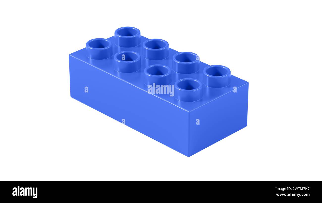 Blocco Lego in plastica blu reale isolato su sfondo bianco. Bambini Toy Brick, Vista prospettica. Vista ravvicinata di un blocco di gioco per i costruttori. Rendering 3D. 8K Ultra HD, 7680x4320, 300 dpi Foto Stock