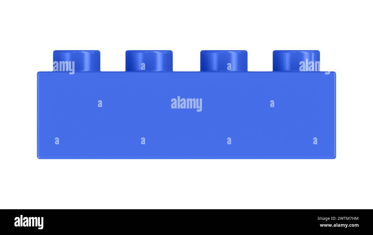 Blocco Lego blu reale isolato su sfondo bianco. Vista ravvicinata di un mattone di plastica per bambini per costruttori, vista frontale. Rendering 3D di alta qualità con un percorso di lavoro. 8K Ultra HD, 7680x4320 Foto Stock