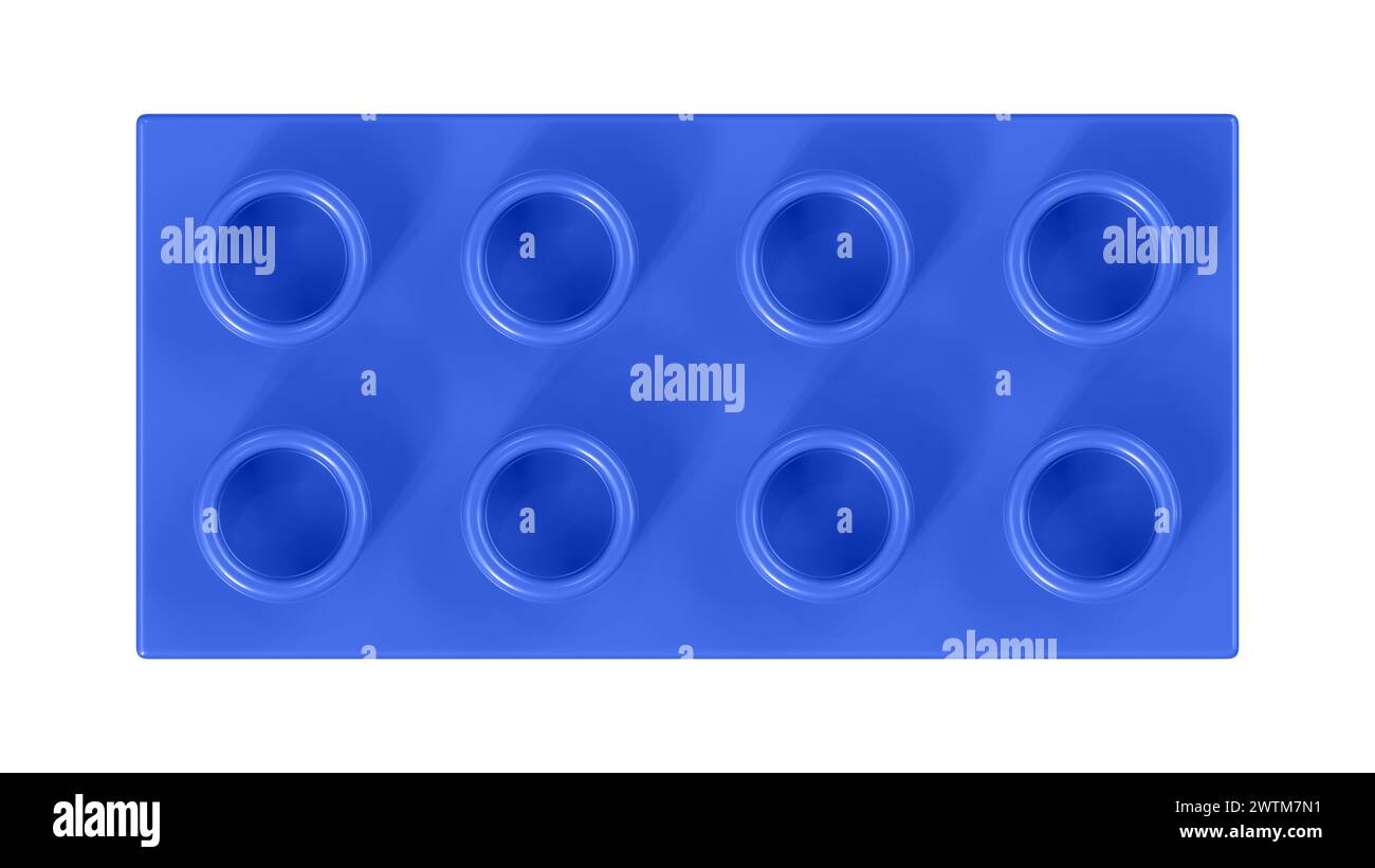 Blocco Lego blu reale isolato su sfondo bianco. Vista ravvicinata di un mattone di plastica per bambini per costruttori, vista dall'alto. Rendering 3D di alta qualità con un percorso di lavoro. 8K Ultra HD, 7680x4320 Foto Stock