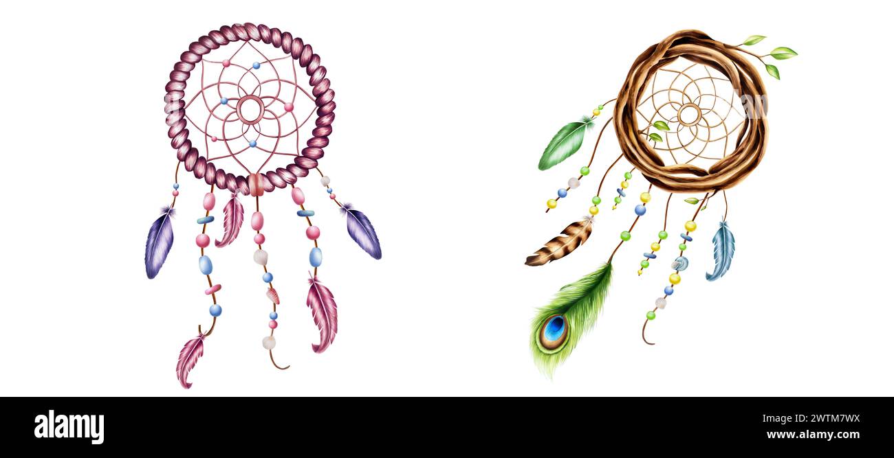 Set di pennarelli illustrazioni di ghirlande di vimini di legno etnico, bastoncini di salice intrecciati, sognatori di ramoscelli con foglie a molla, perline su una corda con pavone fea Foto Stock