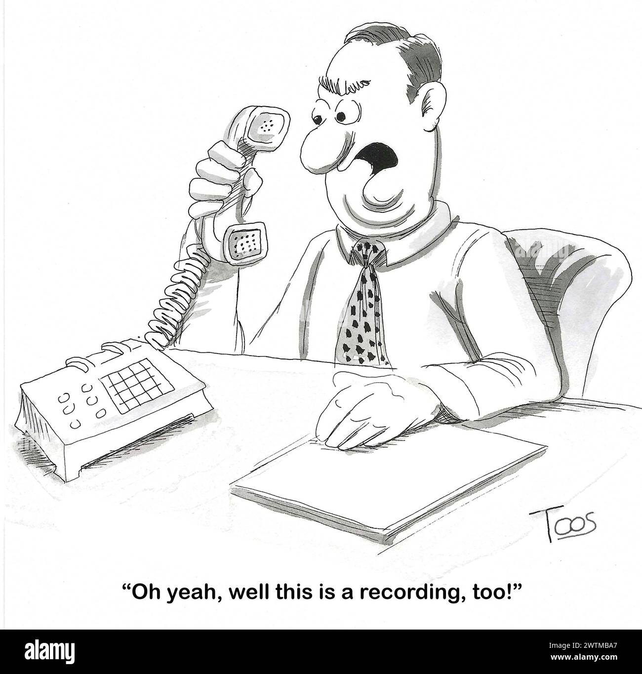 Il cartone animato BW di un uomo che ha appena ricevuto un irritante messaggio telefonico automatizzato. Foto Stock