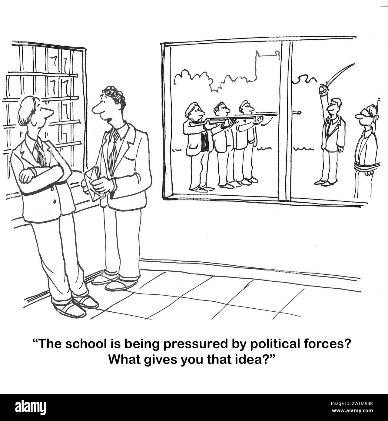 Fumetto BW di un amministratore scolastico in prima linea, la politica è entrata nel sistema scolastico pubblico. Foto Stock