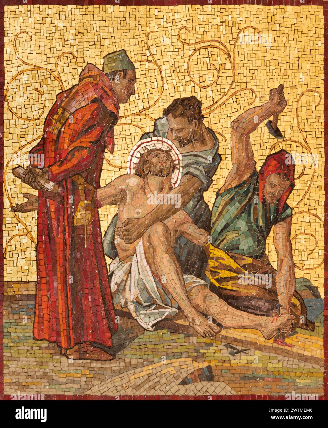 MILANO, ITALIA - 4 MARZO 2024: Il mosaico Gesù è inchiodato alla croce come parte della stazione Cross Way nella chiesa di San Agostino Foto Stock