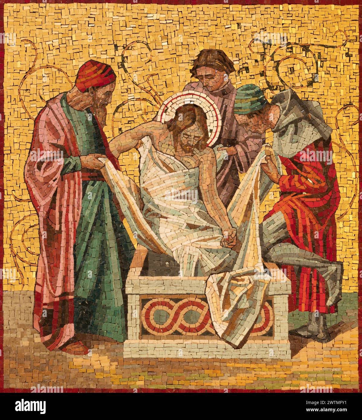 MILANO, ITALIA - 4 MARZO 2024: Il mosaico della sepoltura di Gesù come parte della stazione Cross Way nella chiesa di San Agostino di un artista sconosciuto Foto Stock