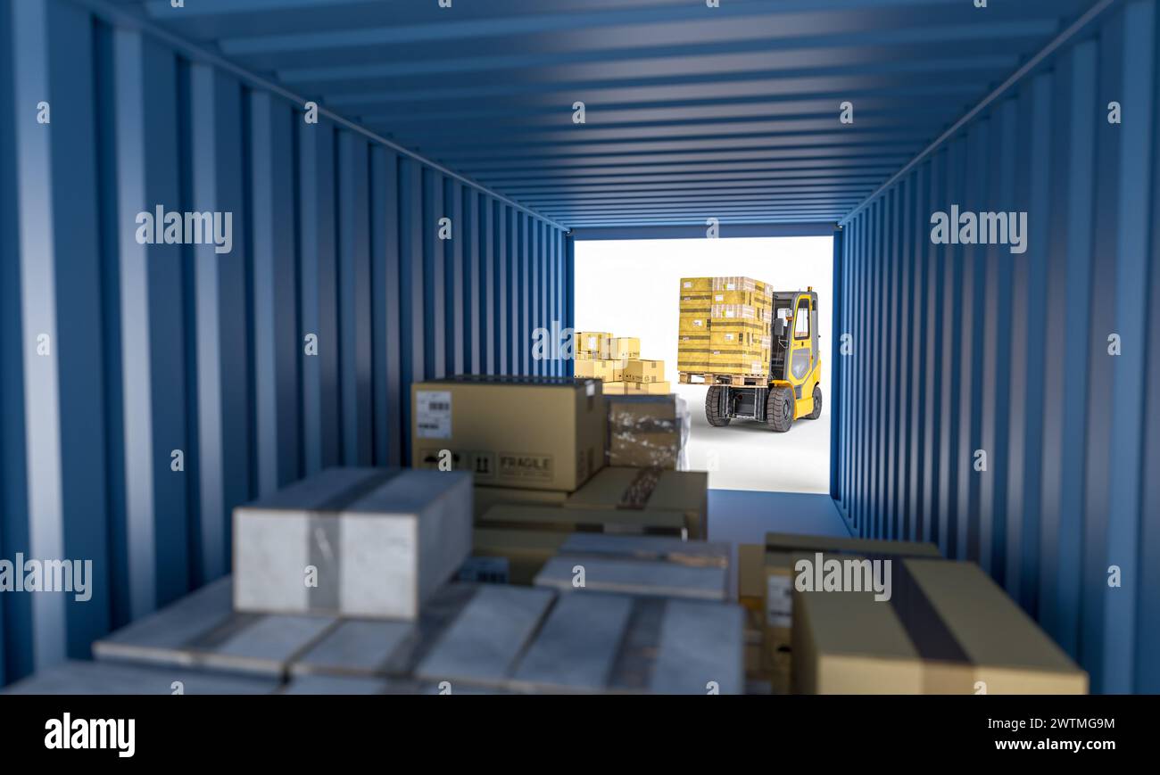 All'interno del contenitore di carico blu che mostra le scatole e il carrello elevatore sullo sfondo. rendering 3d. Foto Stock