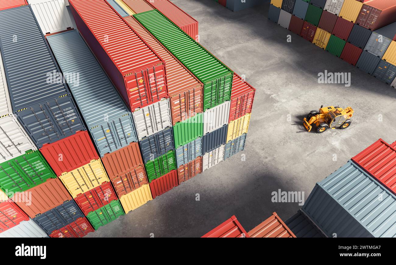 Vista aerea di container colorati e di un carrello elevatore in un trafficato cantiere navale. rendering 3d. Foto Stock