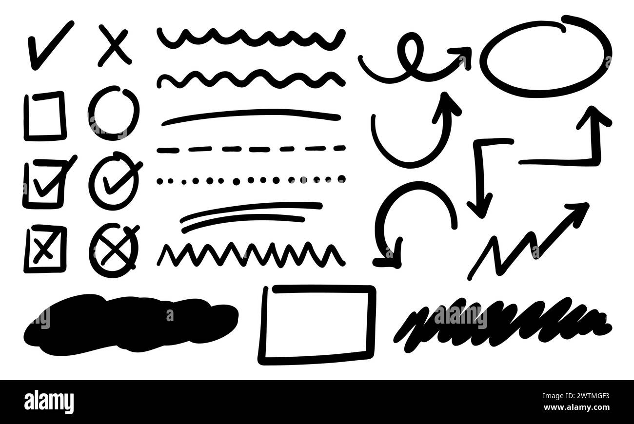 Raccolta di caselle di controllo marcatore - Set di scarabocchi con frecce, segni di spunta, simboli di linea per le note digitali. Illustrazione Vettoriale