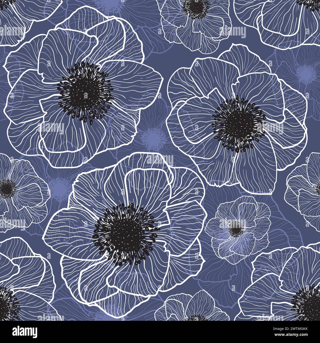 Pattern Seamless Vector anemoni Graphic White Flowers Pattern Vector anemoni Wildflower Spring Flowers. Bianco con disegni in linea su sfondo grigio. Illustrazione Vettoriale