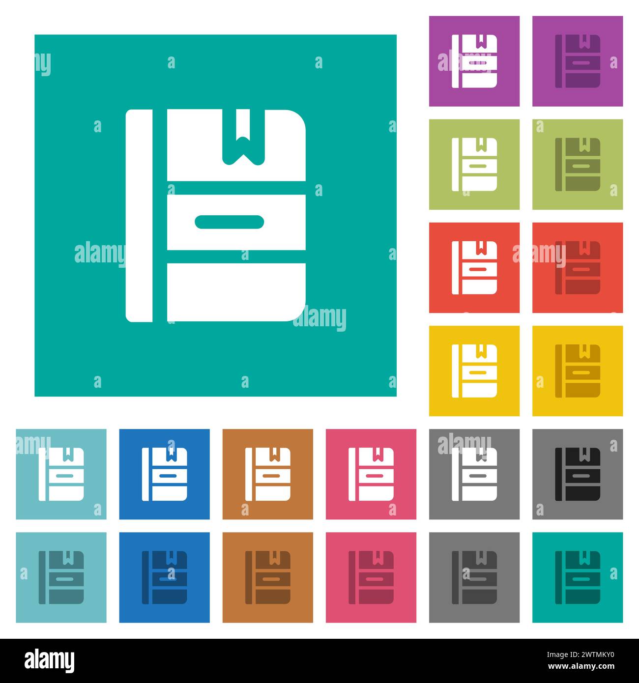 Notebook con icone piatte multicolore piatte con segnalibro su sfondi quadrati semplici. Sono incluse variazioni di icone bianche e più scure per effetto sospeso o attivo Illustrazione Vettoriale
