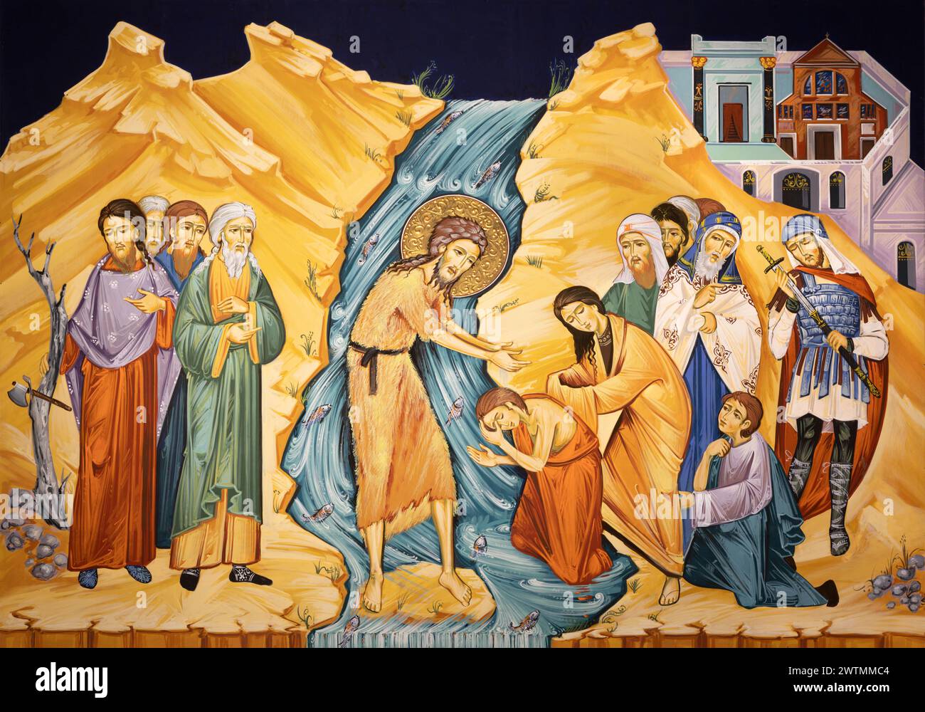 MILANO, ITALIA - 6 MARZO 2024: L'icona Giovanni Battista battezza in Giordania nella chiesa dei Santi Nereo e Achilleo di Iulian Rosu 2021. Foto Stock