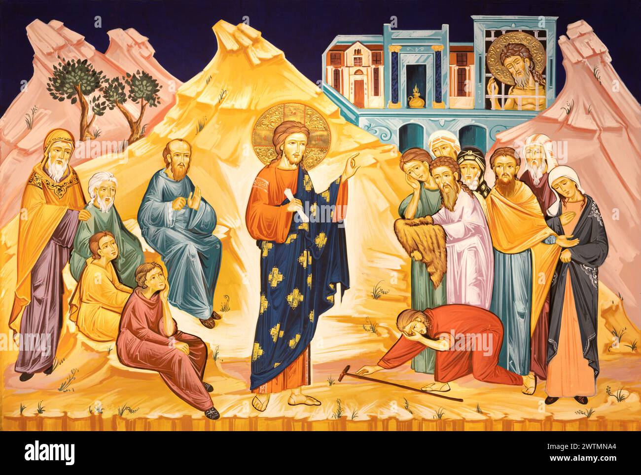 MILANO, ITALIA - 6 MARZO 2024: L'icona Gesù nel diaologo con i discepoli di Giovanni Battista nella chiesa dei Santi Nereo e Achilleo Foto Stock