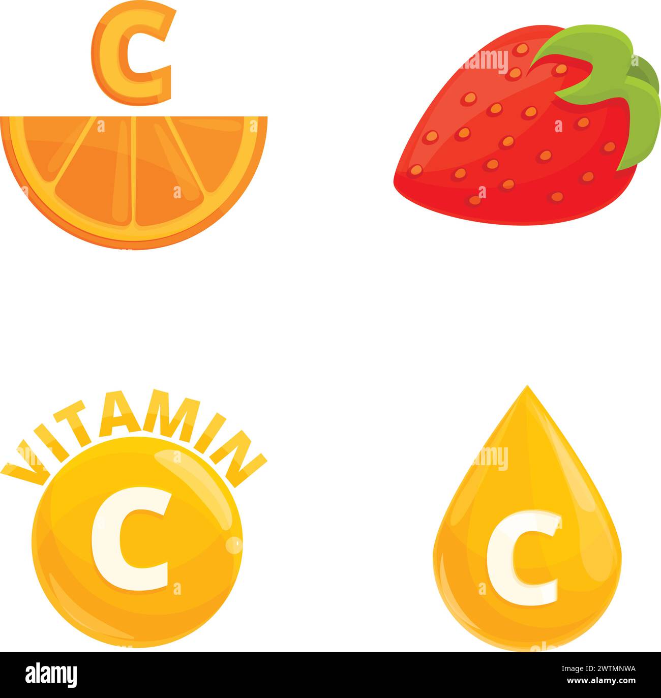 Le icone della vitamina c impostano il vettore dei cartoni animati. Frutta fresca arricchita con acido ascorbico. Cibo dietetico, prodotto biologico Illustrazione Vettoriale