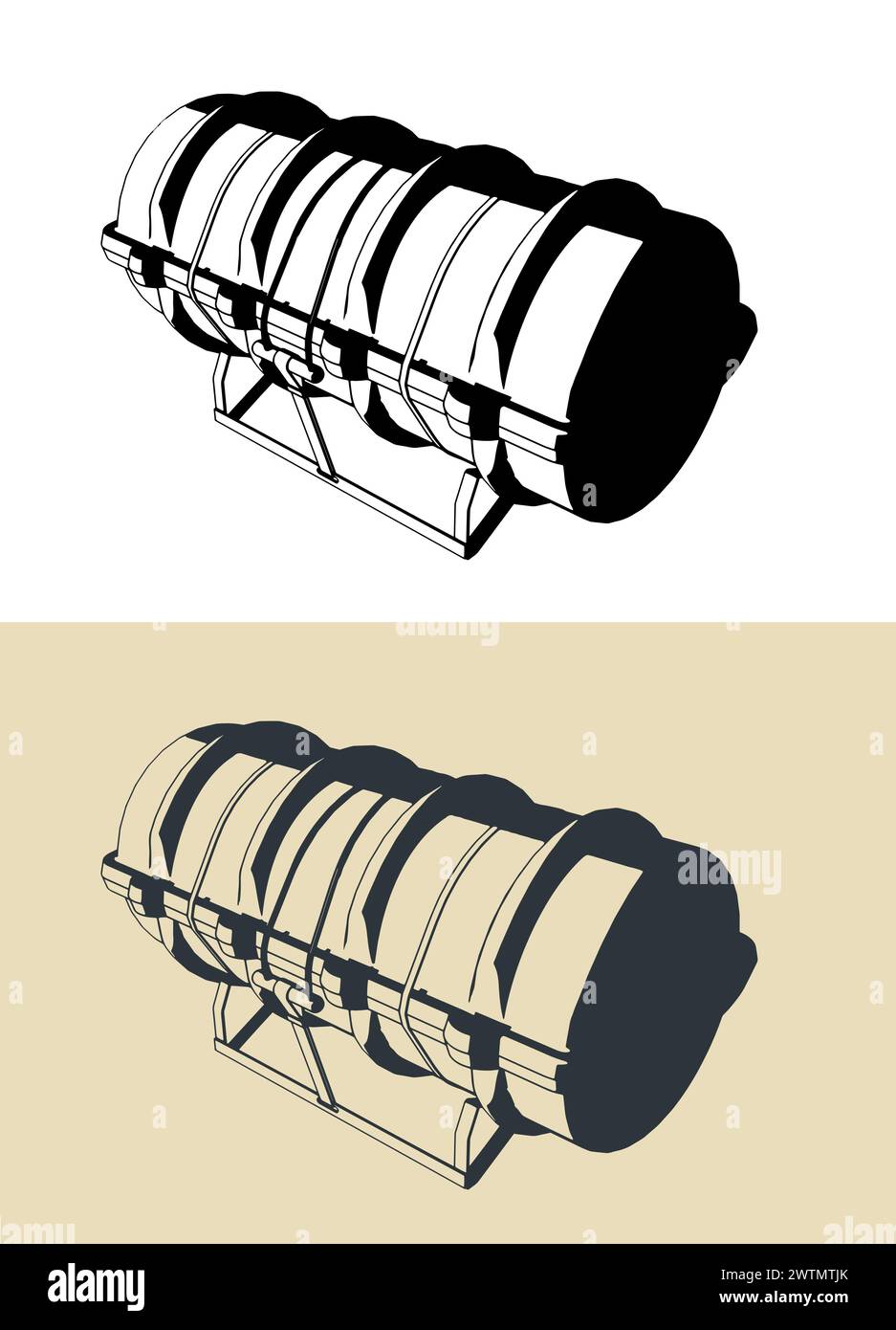 Illustrazione vettoriale stilizzata del contenitore con zattera di salvataggio Illustrazione Vettoriale