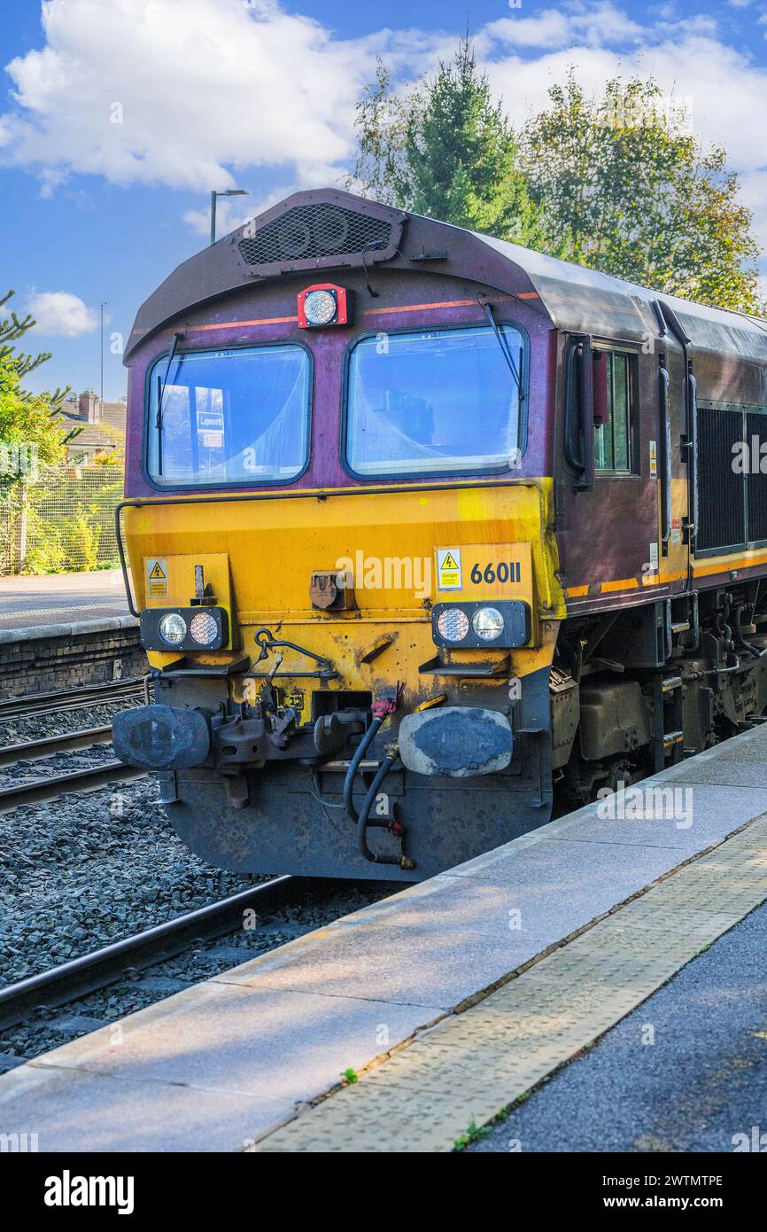 Stazione ferroviaria suburbana Commuter passeggeri diesel. Treni merci vagoni e container per il traino di treni merci. Foto Stock