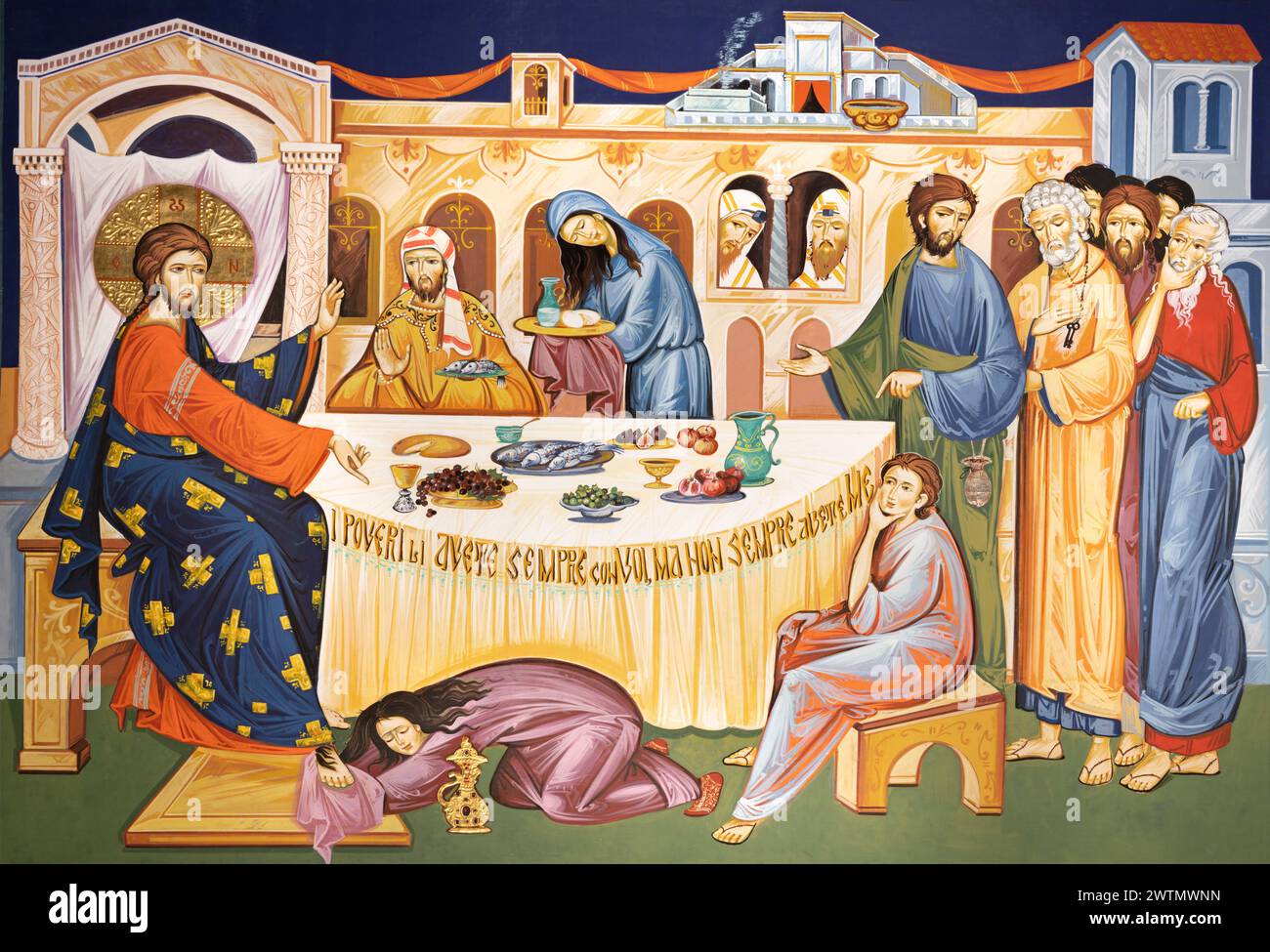 MILANO, ITALIA - 6 MARZO 2024: L'icona la cena di Gesù di Simone il Fariseo nella chiesa dei Santi Nereo e Achilleo di Iulian Rosu 2021. Foto Stock