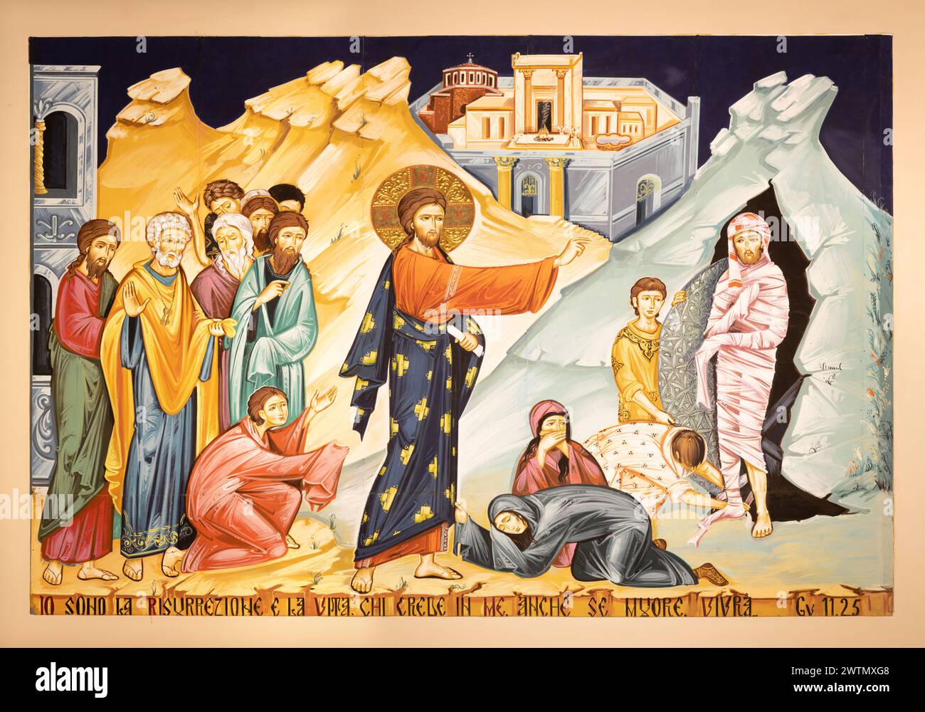 MILANO, ITALIA - 6 MARZO 2024: L'icona Resurrezione di Lazzaro nella chiesa dei Santi Nereo e Achilleo di Iulian Rosu 2021. Foto Stock