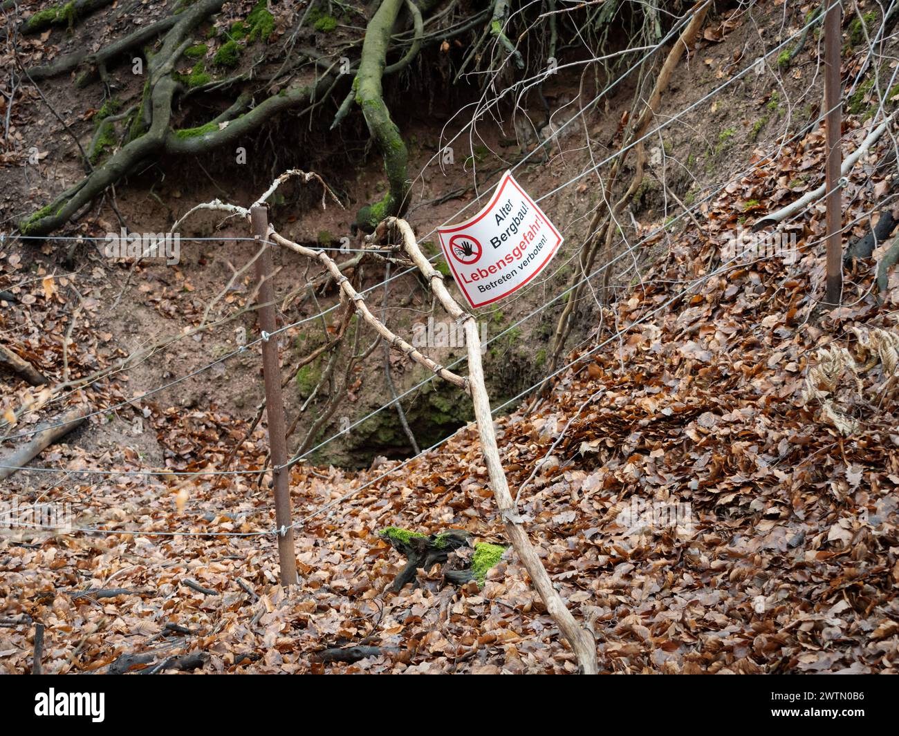 Entrata crollata di una vecchia miniera con un cartello di pericolo "Lebensgefahr - Betreten verboten!" (Pericolo per la vita - nessun disprezzo) in una foresta in Germania. Foto Stock